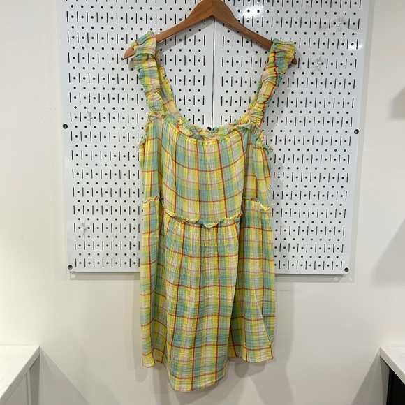Anthropologie Yellow & Blue Plaid Ruffle Mini Dress - Large - Runs Big! - Picture 3 of 9